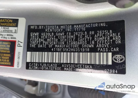 2017 Toyota Camry Xle from USA, damaged, VIN 4T1BF1FK2HU351918